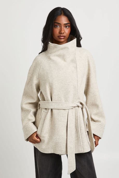 Funnel Neck Belted Wool Jacket - Image 1