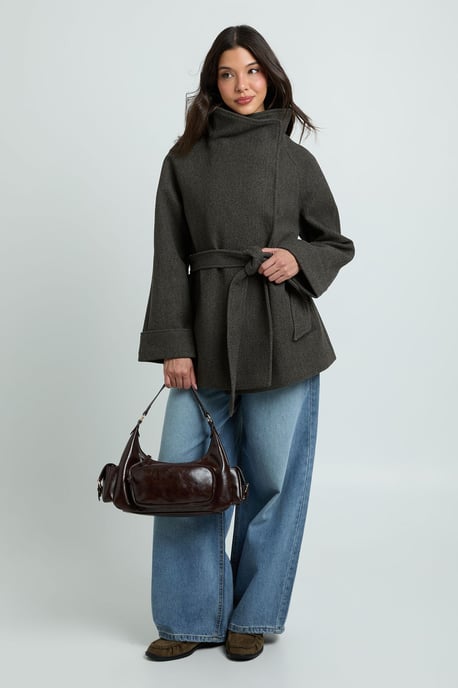 Funnel Neck Belted Wool Jacket - Image 1