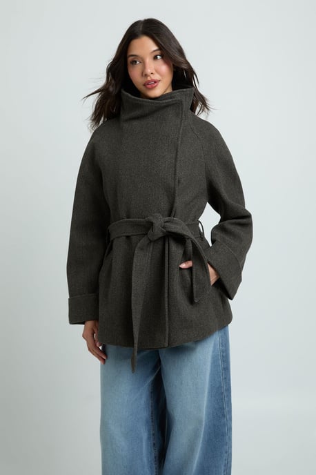 Funnel Neck Belted Wool Jacket - Image 3