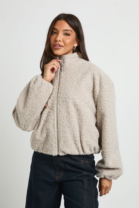 Funnel Neck Wool Look Bomber Jacket - Image 1