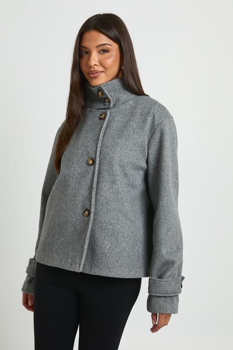 Funnel Neck Button Through Wool Look Jacket - Image 1