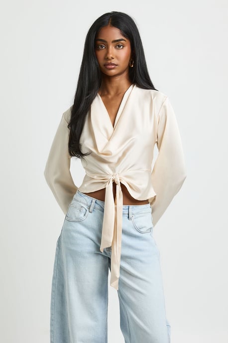 Satin Cowl Neck Tie Detail Top - Image 2
