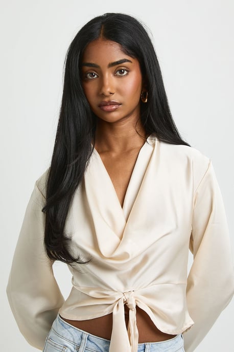 Satin Cowl Neck Tie Detail Top - Image 4