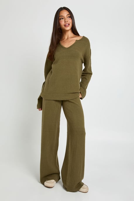 V Neck Detail Jumper and Wide Leg Trouser Co-Ord - Image 1
