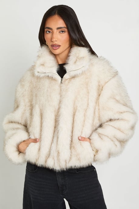 Vintage Look Faux Fur Funnel Neck Jacket - Image 1