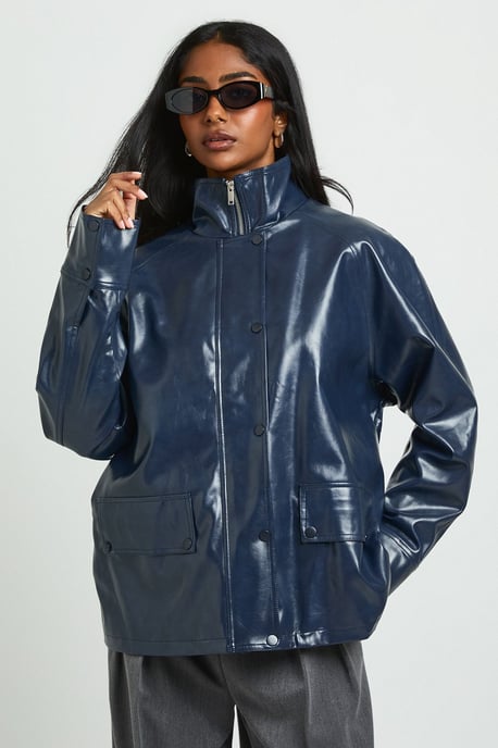 Collared Longline Faux Leather Jacket - Image 1