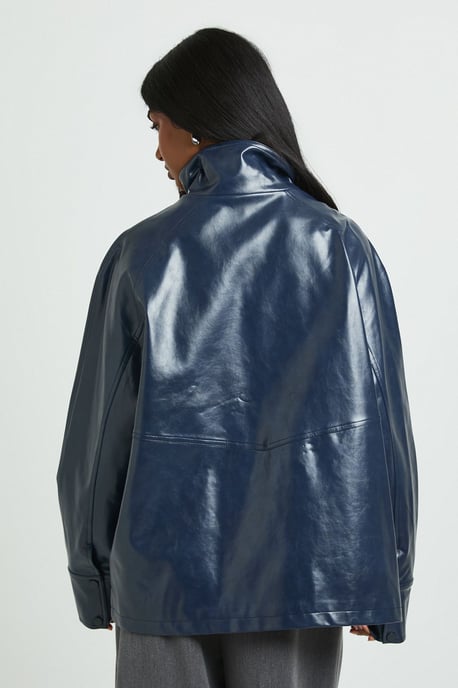 Collared Longline Faux Leather Jacket - Image 2