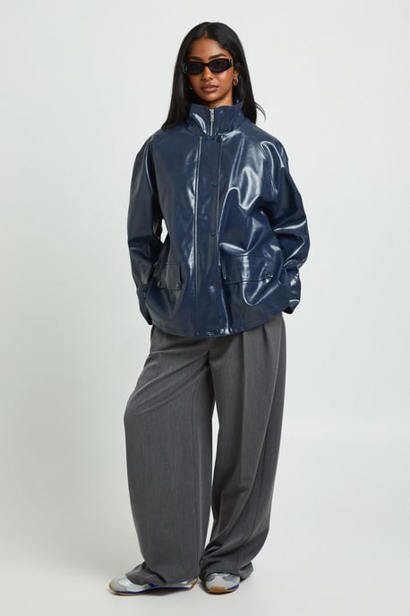 Collared Longline Faux Leather Jacket - Image 3
