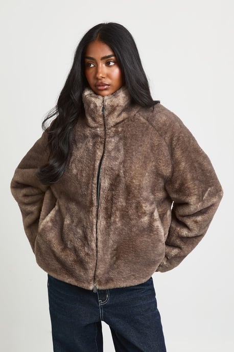 Two Tone Faux Fur Funnel Neck Jacket - Image 1
