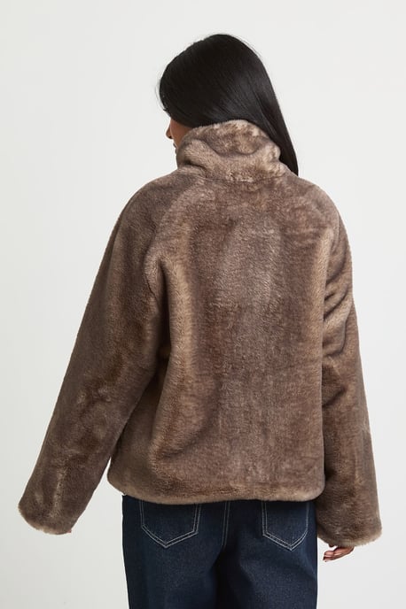 Two Tone Faux Fur Funnel Neck Jacket - Image 2