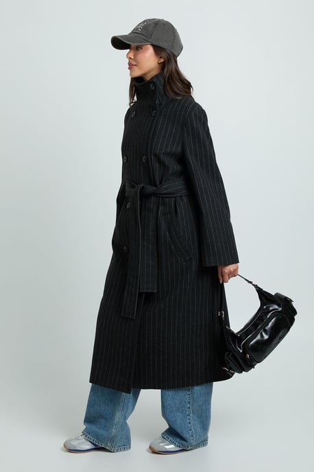 Pinstripe Double Breasted Belted Wool Look Coat - Image 1