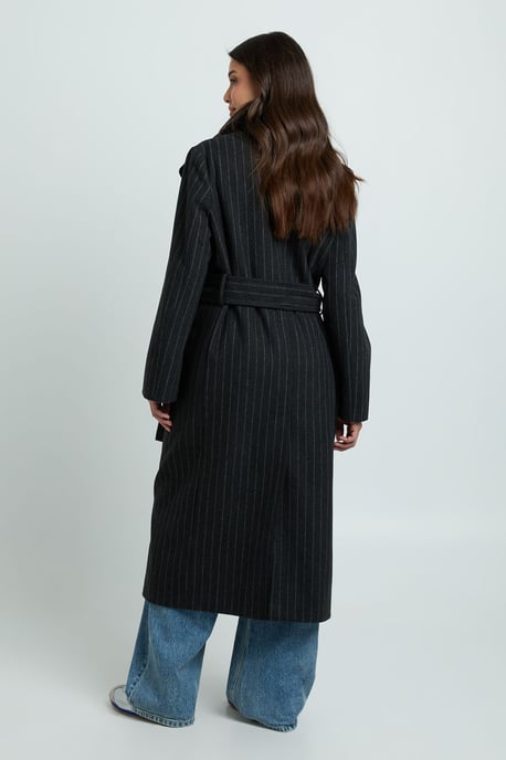 Pinstripe Double Breasted Belted Wool Look Coat - Image 2