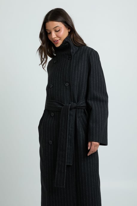 Pinstripe Double Breasted Belted Wool Look Coat - Image 3