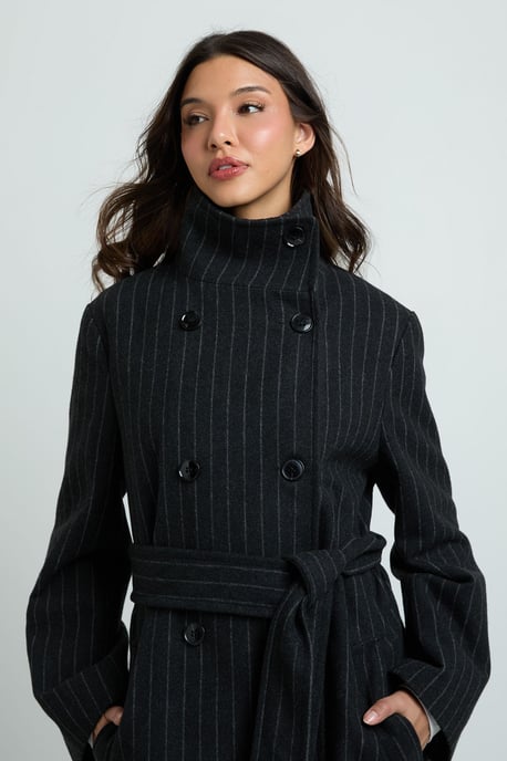 Pinstripe Double Breasted Belted Wool Look Coat - Image 4