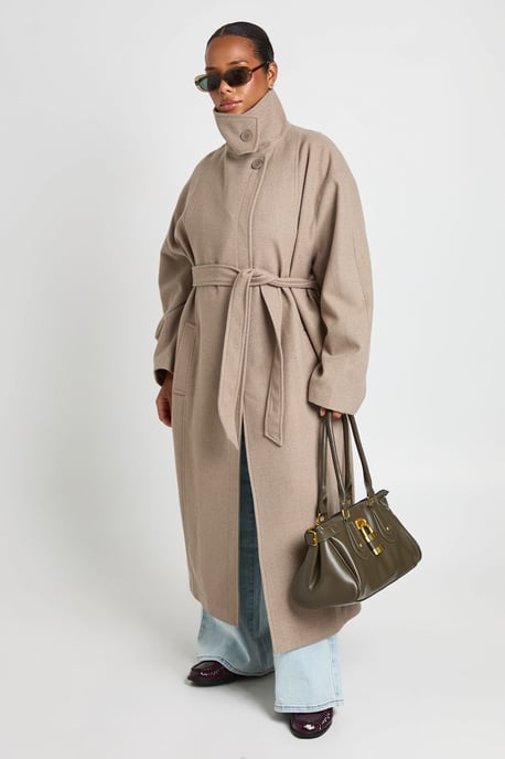 Plus Funnel Neck Belted Wool Look Coat - Image 1