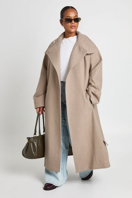 Plus Funnel Neck Belted Wool Look Coat - Image 2