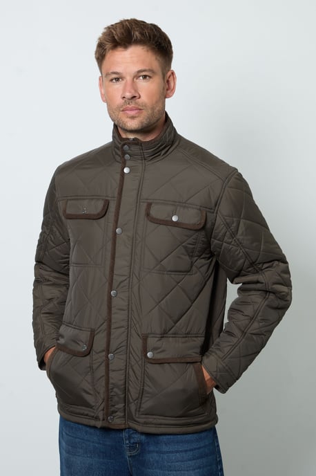 Brown Funnel Neck Four Pocket Diamond Quilted Jacket - Image 1