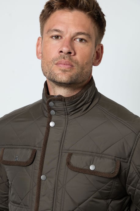 Brown Funnel Neck Four Pocket Diamond Quilted Jacket - Image 2