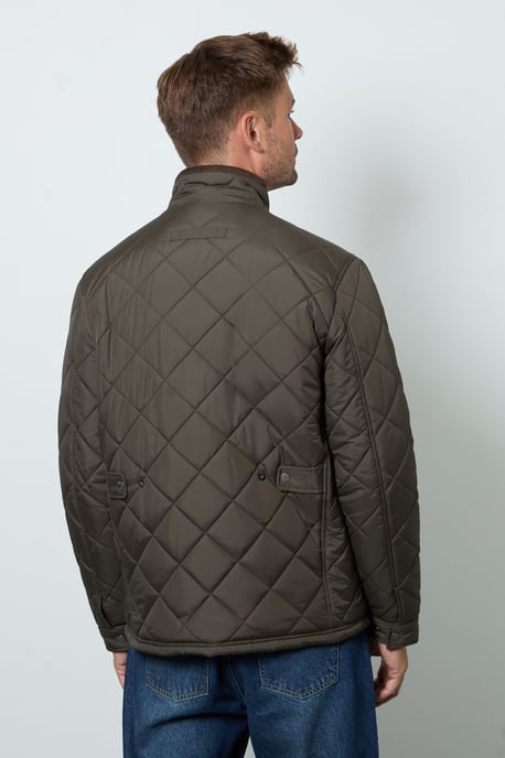 Brown Funnel Neck Four Pocket Diamond Quilted Jacket - Image 3