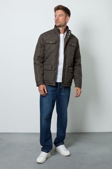 Brown Funnel Neck Four Pocket Diamond Quilted Jacket - Image 4