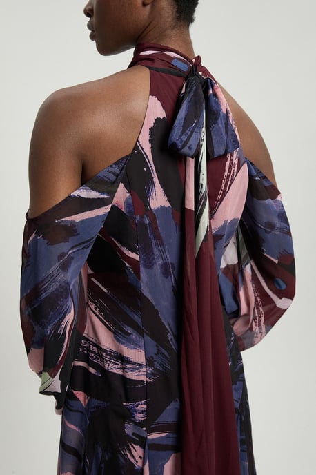 Photographic Floral Crinkle Georgette High Neck Cold Shoulder Woven Maxi Dress - Image 2