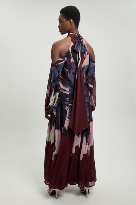 Photographic Floral Crinkle Georgette High Neck Cold Shoulder Woven Maxi Dress - Image 3