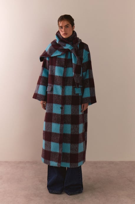 Check Wool Blend Scarf Detail Longline Coat - Image 1