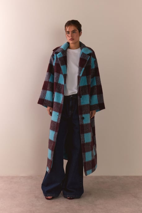 Check Wool Blend Scarf Detail Longline Coat - Image 2