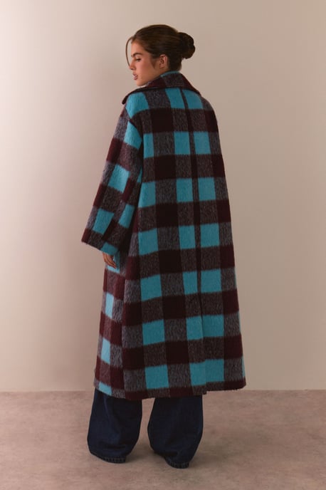 Check Wool Blend Scarf Detail Longline Coat - Image 3