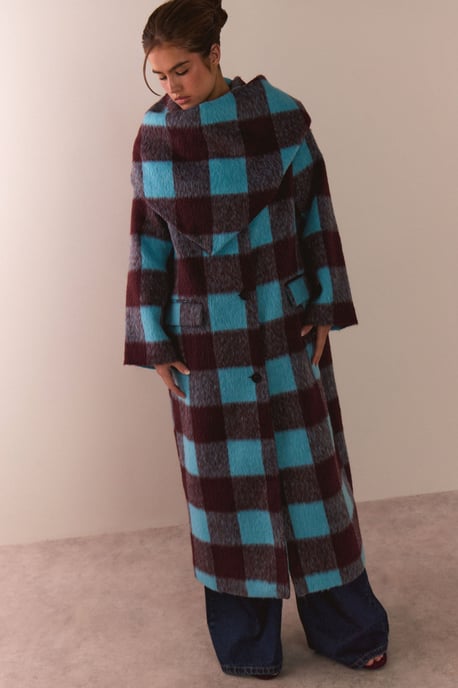 Check Wool Blend Scarf Detail Longline Coat - Image 4