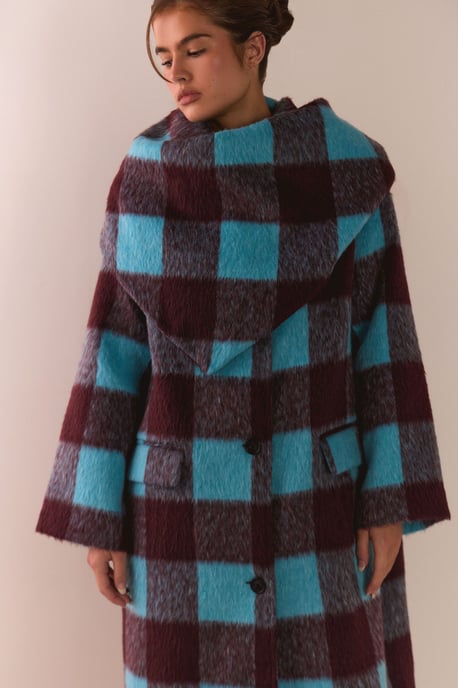 Check Wool Blend Scarf Detail Longline Coat - Image 5