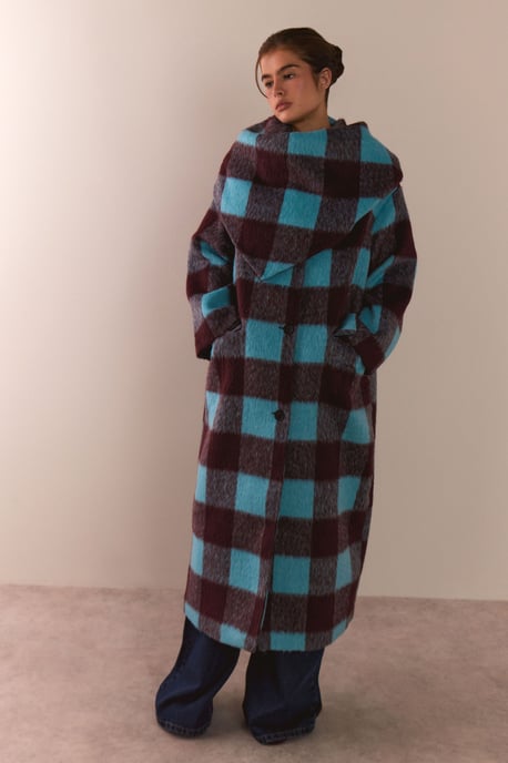Check Wool Blend Scarf Detail Longline Coat - Image 6