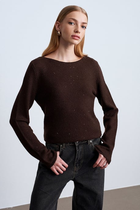 Boat Neck Sequin Knit Sweater - Image 1