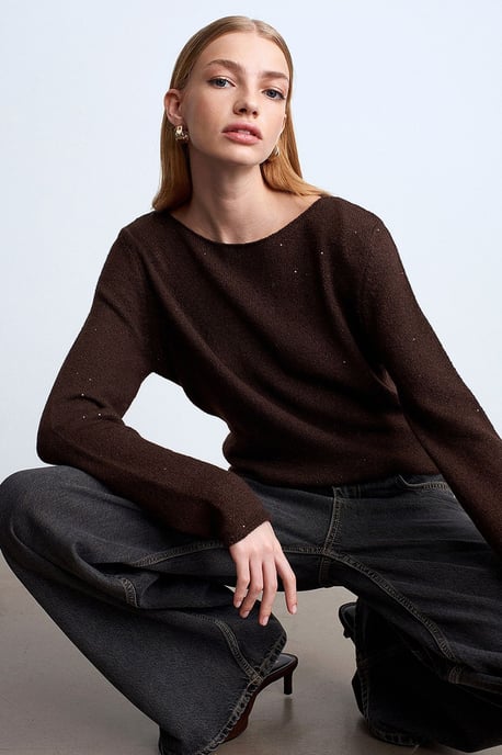 Boat Neck Sequin Knit Sweater - Image 2