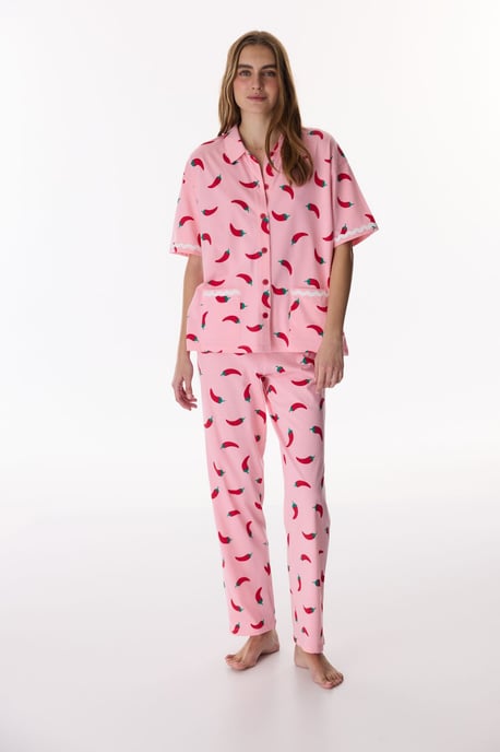 Just Chill Skjorta Matmönstrad Spets Kortärmad Pyjamas Set - Image 2