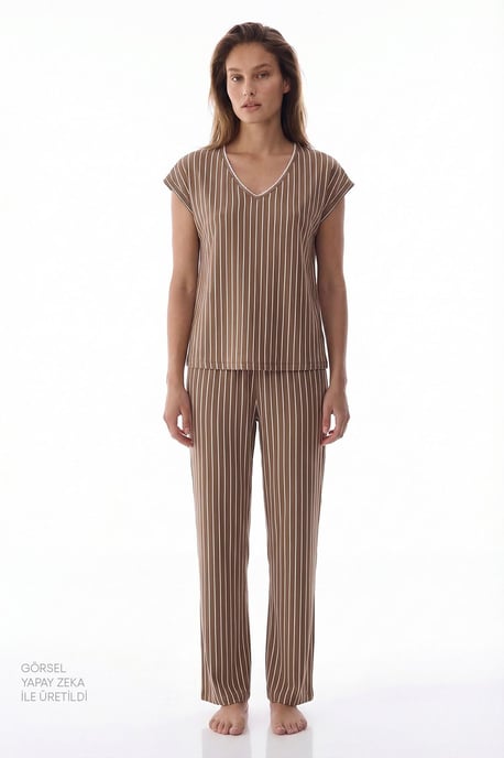 Hera Gestreepte Kant Korte Mouwen Broek Pyjama Set - Image 2