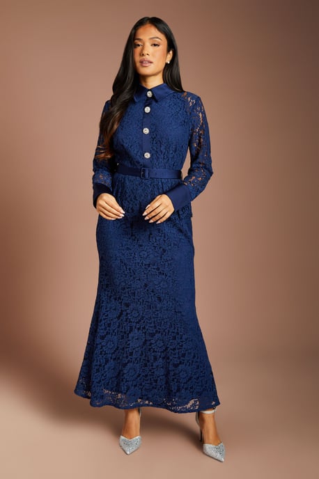 Petite Lace Peplum Belted Long Sleeve Midi Dress - Image 1