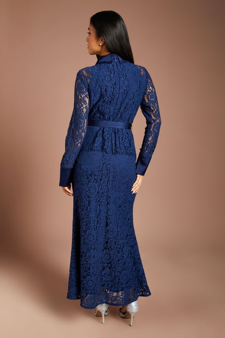Petite Lace Peplum Belted Long Sleeve Midi Dress - Image 3