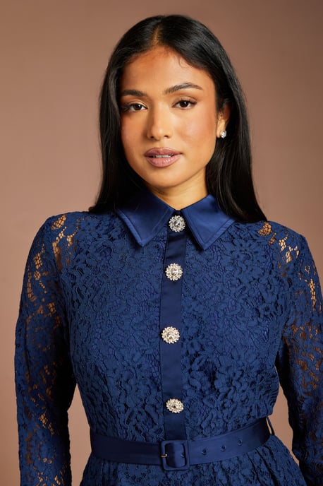 Petite Lace Peplum Belted Long Sleeve Midi Dress - Image 4
