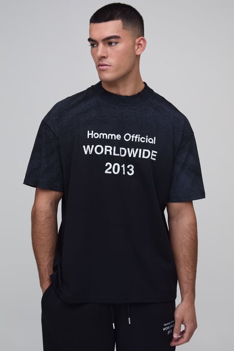 Black Oversized Homme Official Print Spray Wash T-Shirt - Image 1