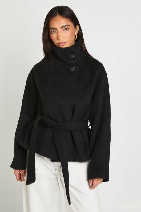 Funnel Neck Belted Wool Blend Jacket - Image 1