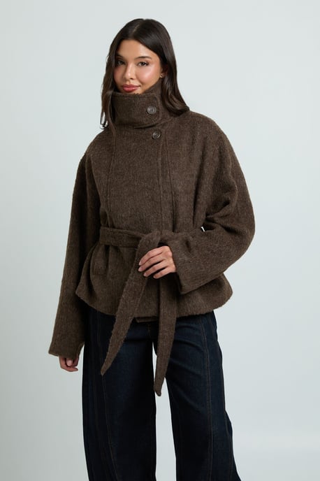 Funnel Neck Belted Wool Blend Jacket - Image 1
