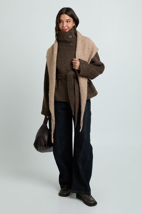 Funnel Neck Belted Wool Blend Jacket - Image 3