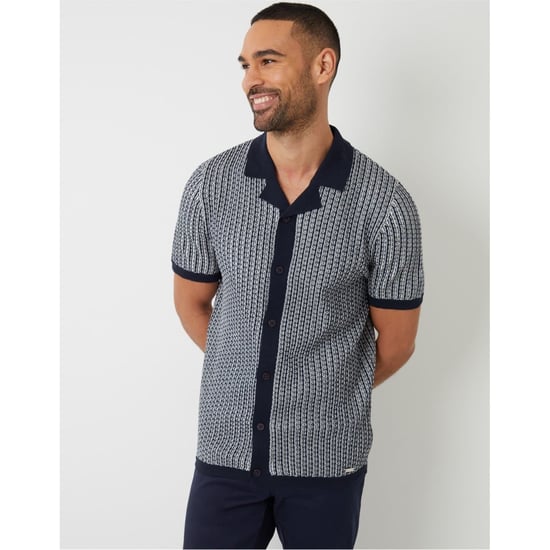 Men's Threadbare Ryeland Collared Short Sleeve Shirt in Navy - Image 1