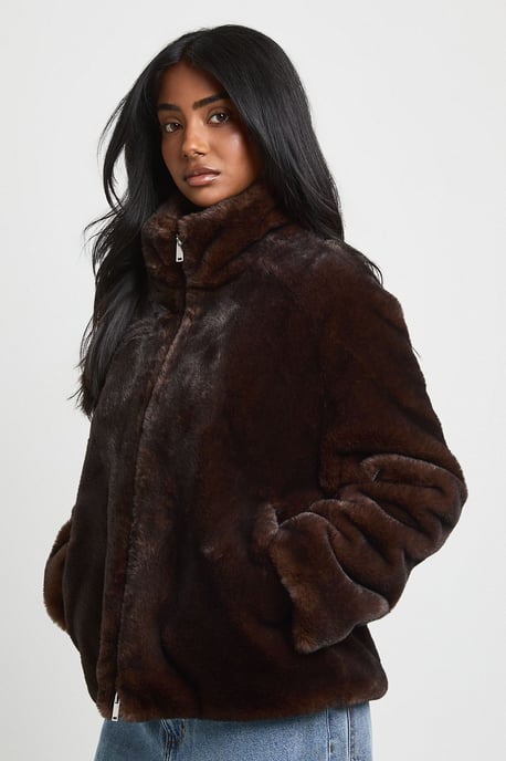 Two Tone Faux Fur Funnel Neck Jacket - Image 1