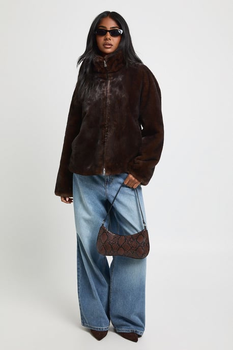 Two Tone Faux Fur Funnel Neck Jacket - Image 2
