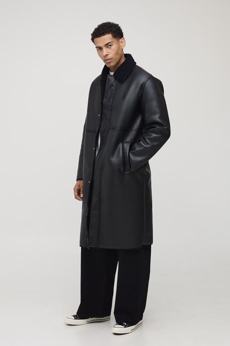 Regular Fit Borg Lined Contrast Collar PU Car Coat - Image 1