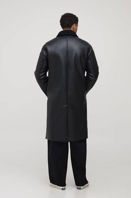 Regular Fit Borg Lined Contrast Collar PU Car Coat - Image 2