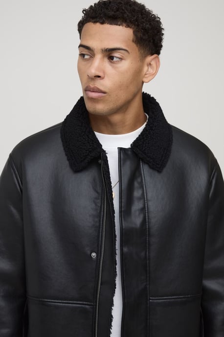 Regular Fit Borg Lined Contrast Collar PU Car Coat - Image 3