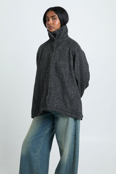 Oversized Textured Wool Look Bomber Jacket - Image 1